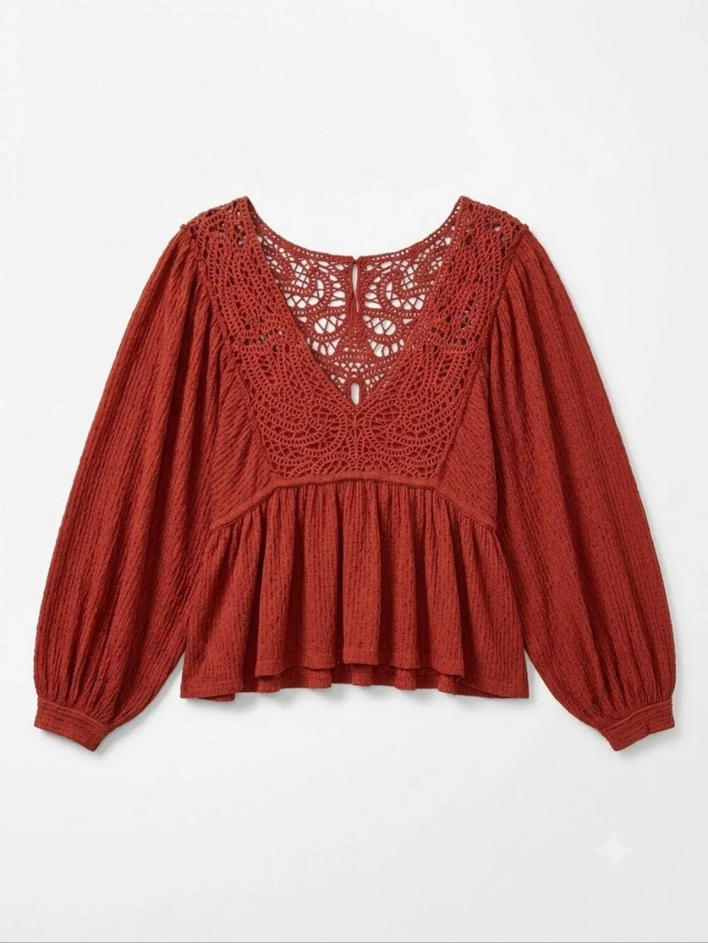Free People Lace Crochet V-Neck Blouse Sz Large Red